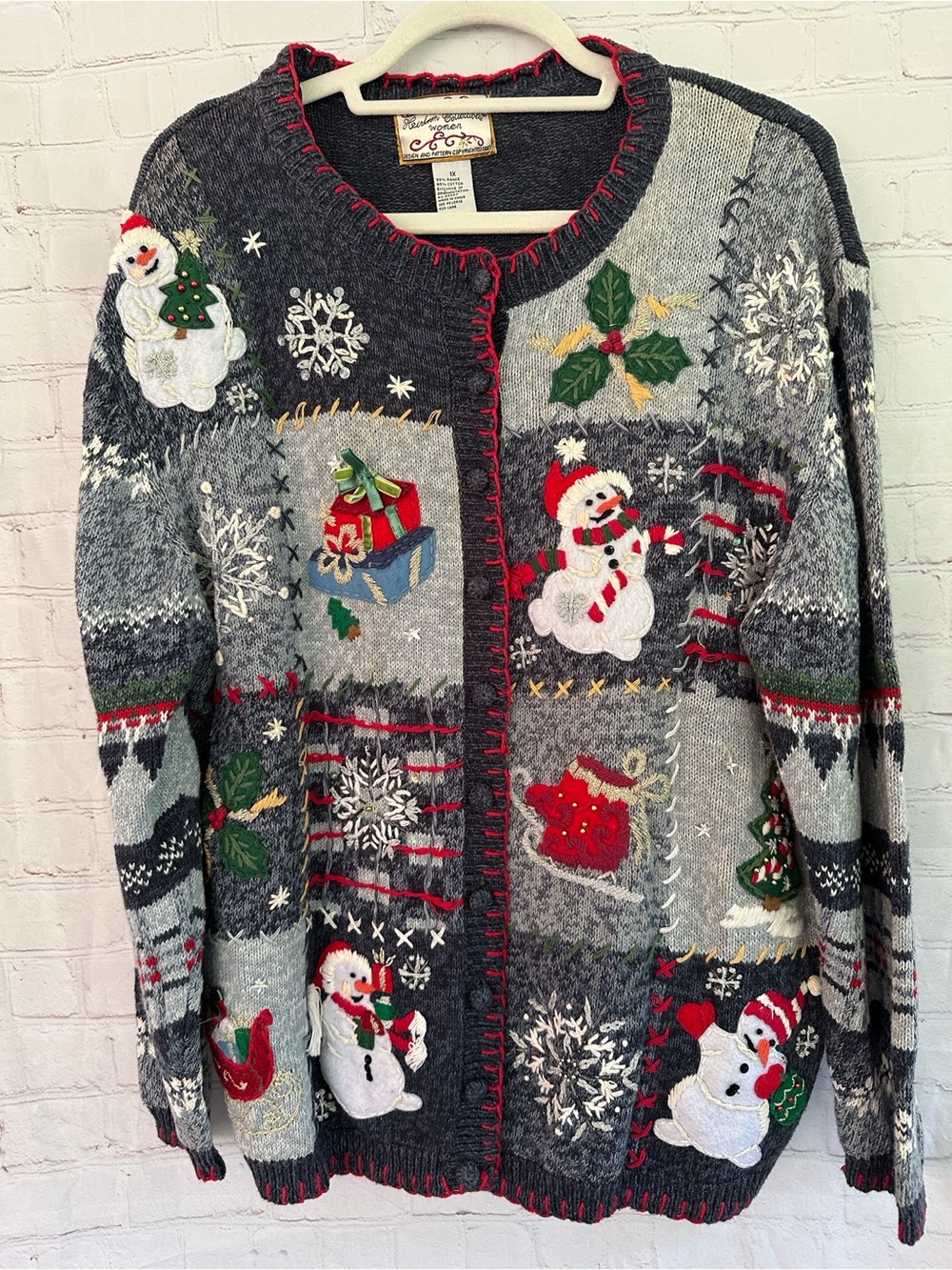 Heirloom Collectibles Vintage Holiday Patchwork Snowman Cardigan Sweater Blue